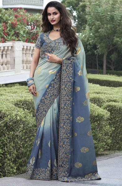 Ice Grey and Slate Grey Embroidered Viscose Silk Designer Saree