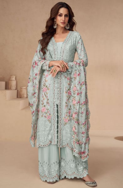 Ice Grey Embroidered Chinnon Silk Palazzo Kameez