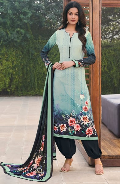 Ice Mint and Teal Blue Printed Crepe Plus Size Suit