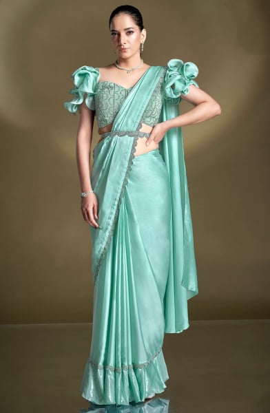 Ice Mint Crepe Satin Silk Sequins Ready to Wear Saree