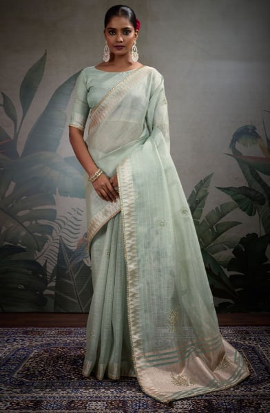 Ice Mint Embellished Linen Tissue Saree