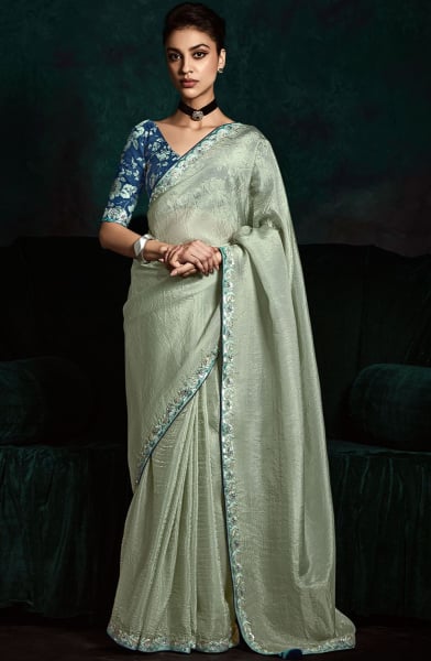 Ice Mint Embroidered Designer Saree for Wedding