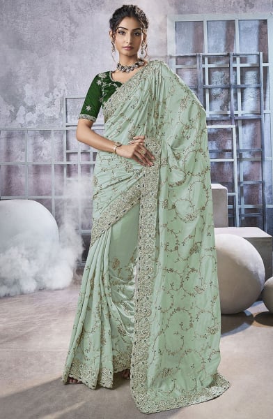Ice Mint Embroidered Georgette Designer Saree