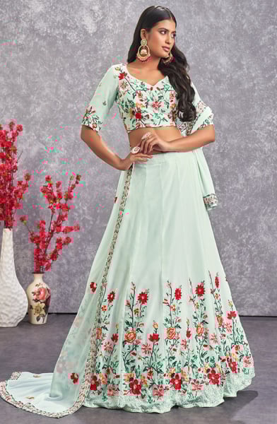 Ice Mint Embroidered Georgette Lehenga Choli