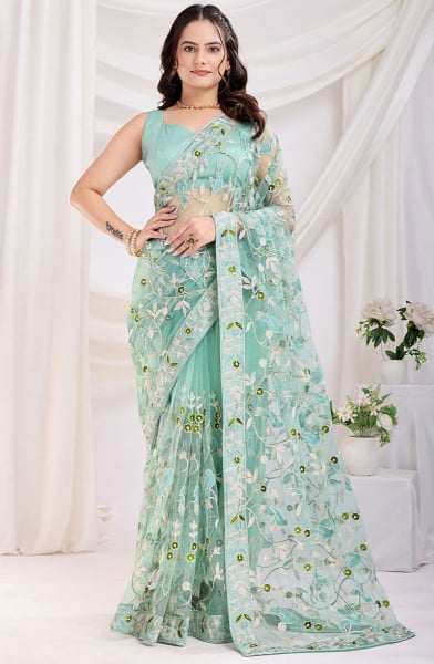 Ice Mint Embroidered Net Saree for Party