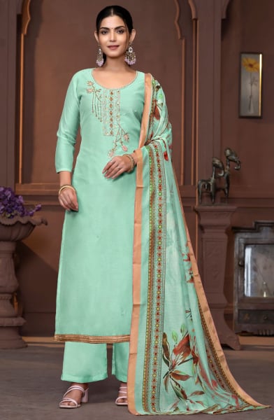 Ice Mint Handwork Muslin Palazzo Kameez