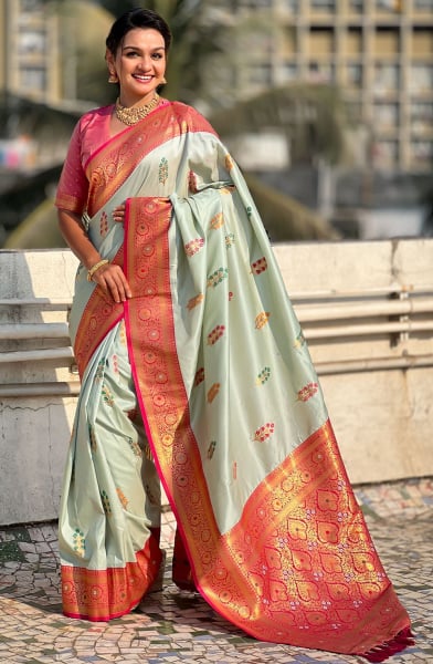 Ice Mint Meenakari Weaving Soft Silk Saree