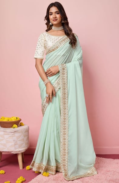 Ice Mint Organza Saree with Embroidered Blouse