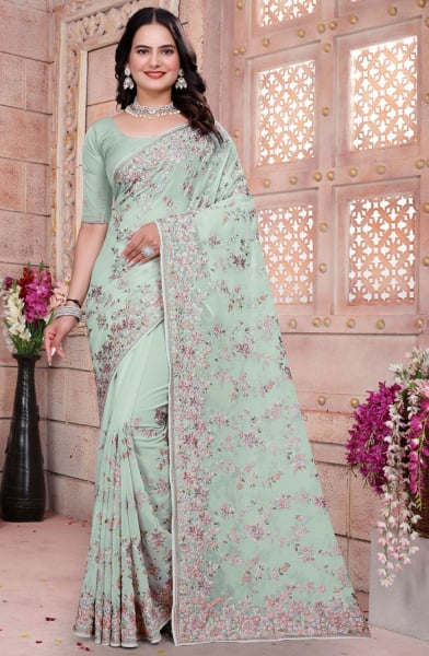 Ice Mint Resham Embroidered Georgette Saree