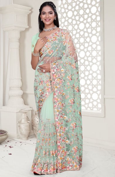 Ice Mint Resham Embroidered Net Saree