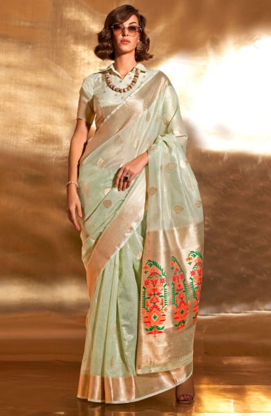 Ice Mint Zari Tissue Paithani Pallu Saree