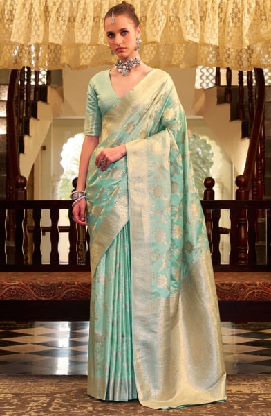 Ice Mint Zari Woven Satin Silk Saree