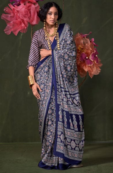 Indigo Blue Ajrakh Print Satin Crepe Saree