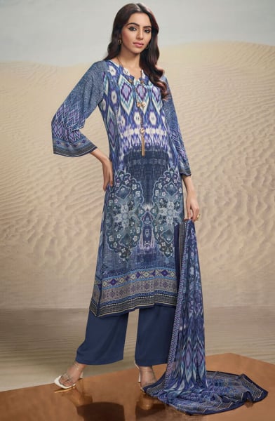 Indigo Blue Digital Print Crepe Palazzo Kameez