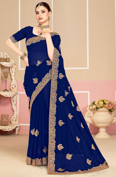 Indigo Blue Embroidered Georgette Saree for Festival