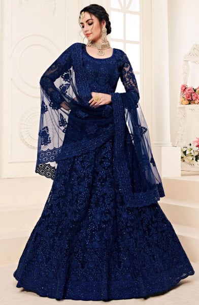 Indigo Blue Embroidered Net Designer Lehenga Choli