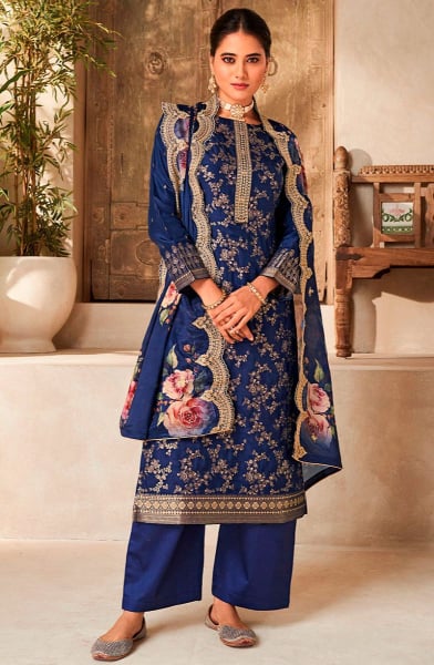 Indigo Blue Embroidered Viscose Dola Silk Trouser Kameez
