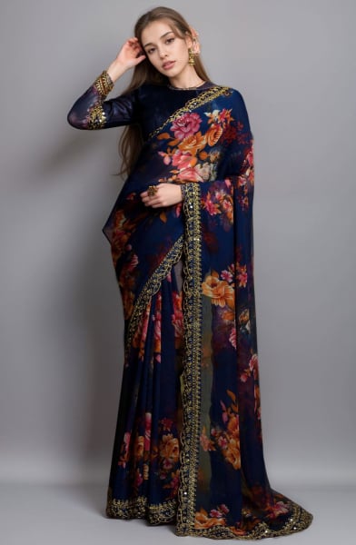 Indigo Blue Floral Print Georgette Saree