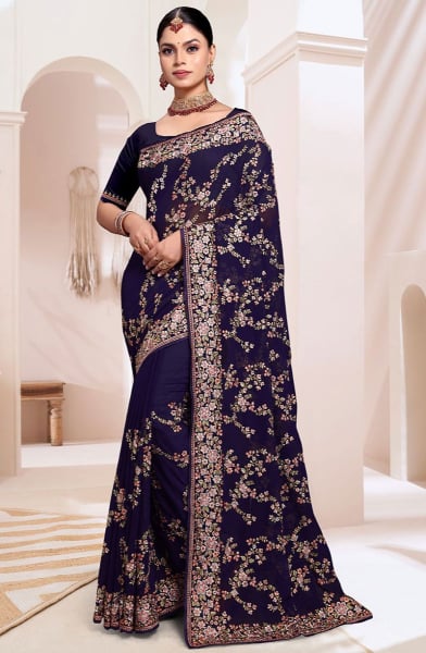 Indigo Blue Georgette Embroidered Saree for Ceremonial