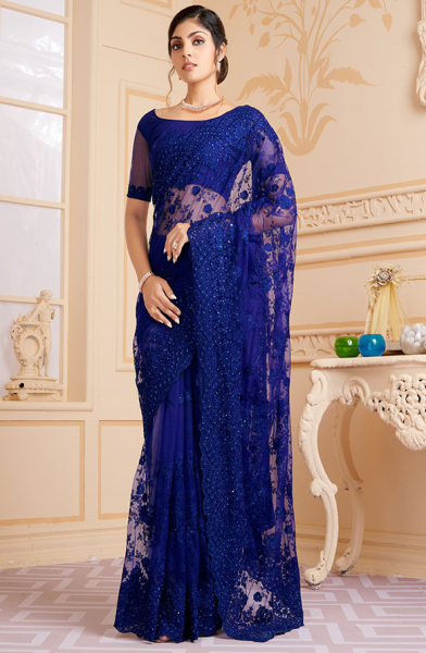 Indigo Blue Resham Embroidered Net Saree