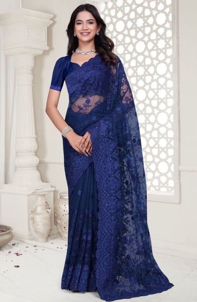 Indigo Blue Resham Embroidered Net Saree