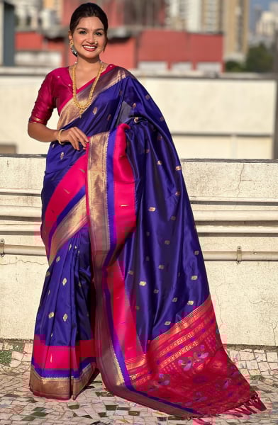 Indigo Blue Zari Woven Paithani Silk Saree