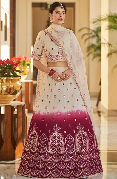 Ivory and Maroon Embroidered Art Silk Lehenga Choli