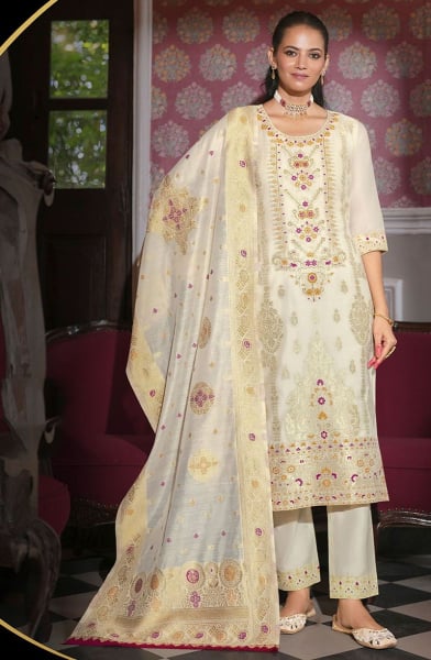 Ivory Banarasi Silk Pant Kameez with Weaving