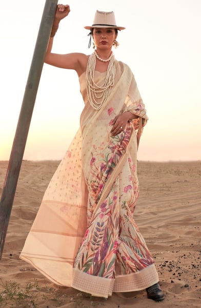 Ivory Digital Print Linen Saree