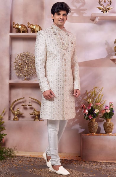 Ivory Embroidered Art Silk Designer Sherwani