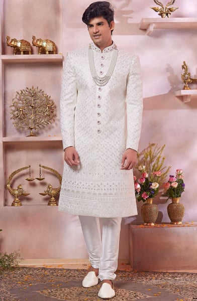 Ivory Embroidered Art Silk Designer Sherwani