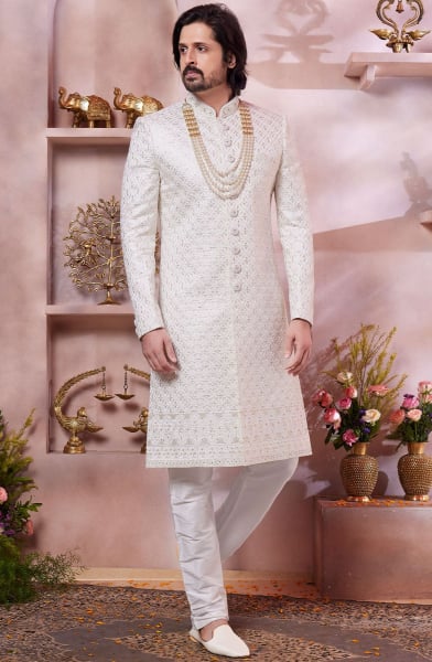 Ivory Embroidered Art Silk Designer Sherwani