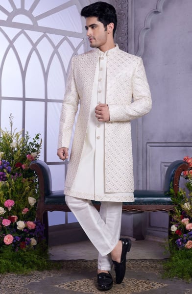 Ivory Embroidered Art Silk Indo Western