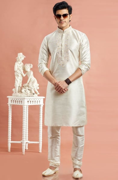 Ivory Embroidered Banarasi Art Silk Kurta Set