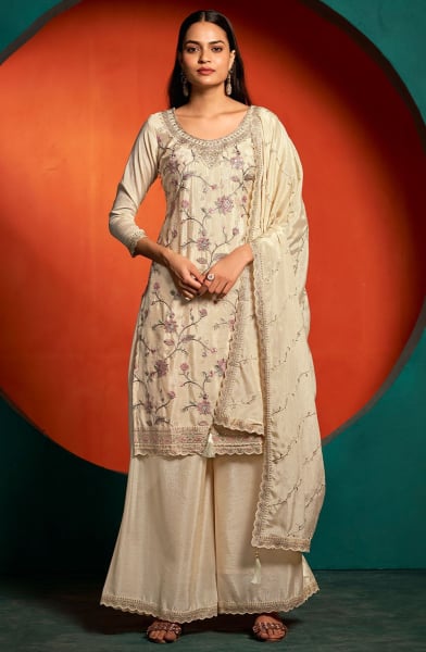 Ivory Embroidered Chinnon Palazzo Kameez