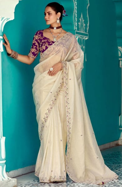 Ivory Embroidered Designer Saree for Wedding