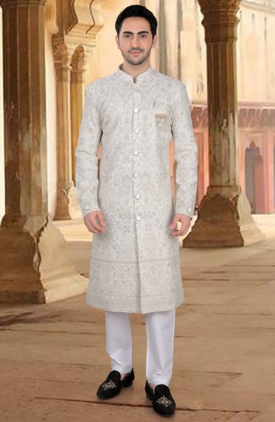 Ivory Embroidered Georgette Designer Sherwani