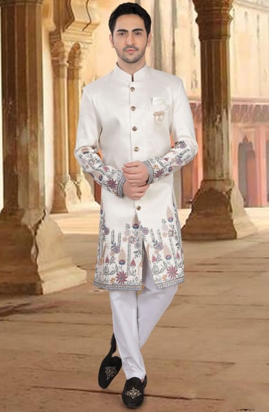 Ivory Embroidered Silk Designer Indo Western