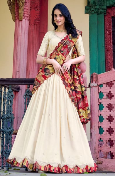Ivory Embroidered Silk Lehenga Choli with Kalamkari Dupatta
