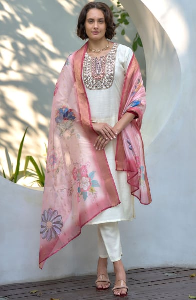 Ivory Embroidered Silk Pant Kameez