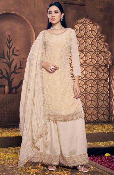 Ivory Embroidered Viscose Chinnon Jacquard Palazzo Kameez