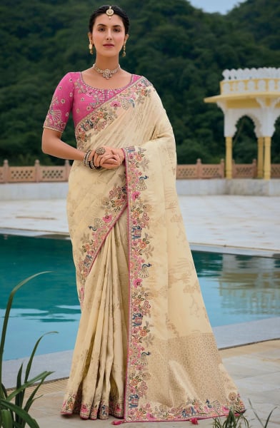 Ivory Khatli Work Designer Silk Saree