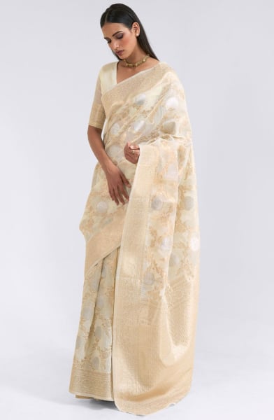 Ivory Linen Saree with Zari Weaving