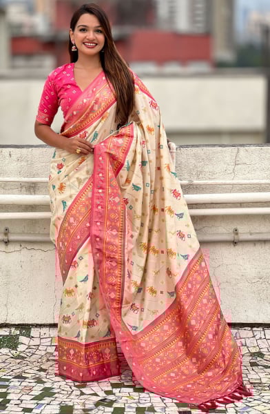 Ivory Meenakari Patola Silk Saree
