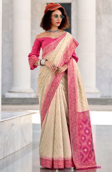 Ivory Soft Ikkat Concept Silk Saree