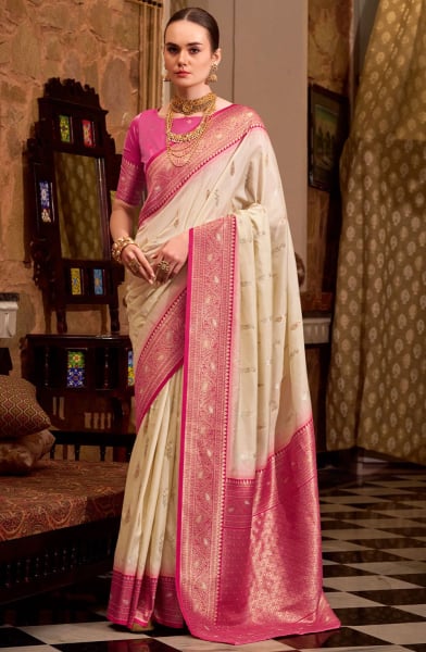 Ivory Soft Silk Saree with Zari Weaving