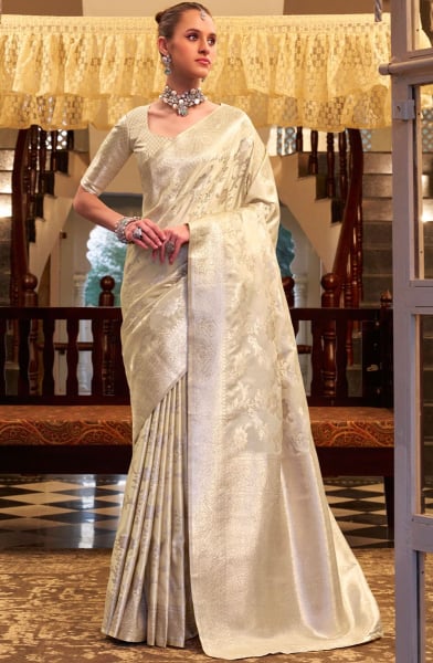 Ivory Zari Woven Satin Silk Saree