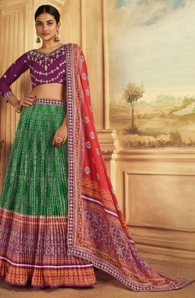 Kelly Green Flared Gaji Silk Lehenga Choli for Ceremonial