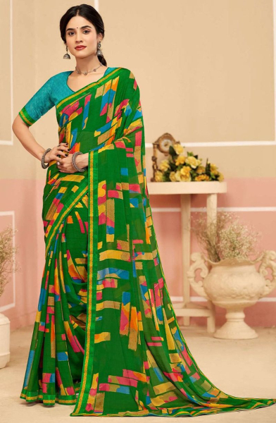 Kelly Green Printed Chiffon Saree
