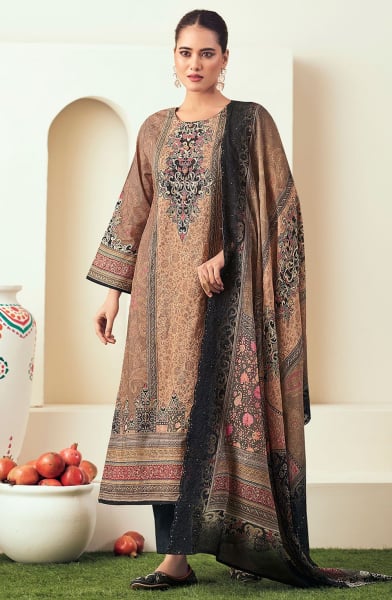 Khaki Brown Printed Lawn Cotton Pant Kameez
